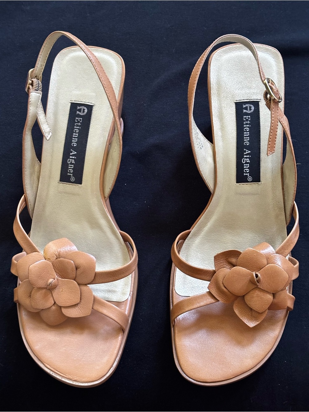 Etienne Aigner Tan Floral Leather Slingback Sandals